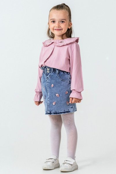 LUCEVERA 6-9 Years Old Girl's 3-Piece Set – Collared Shirt, Embroidered Denim Skirt, and Pantyhose