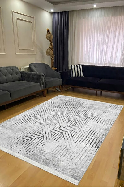 CENTER AVM Gri Halı Salon Halısı Makinede Yıkanabilir Halı Kaymaz Taban Halı