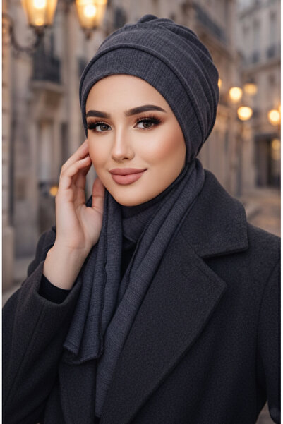 Aişe tesettür Koyu Gri Triko Atkılı Tesettür Bone