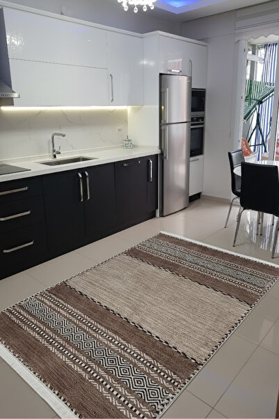 CENTER AVM Kahverengi Mutfak Halısı Makinede Yıkanabilir Halı Kaymaz Taban Halı