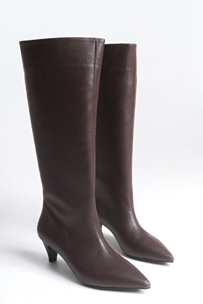 LDR Γυναικείες μπότες με μυτερή μύτη με καφέ τακούνι κάτω από το γόνατο