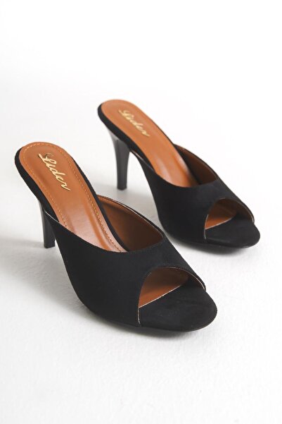 LDR شبشب نسائي من جلد الغزال الأسود بكعب رفيع ومفتوح عند الأصابع