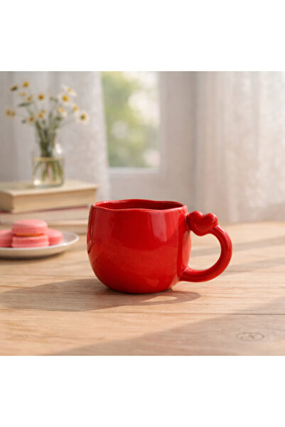 Çağ Seramik Kalp Kulp Kırmızı El Yapımı Seramik Kupa –Kulplu Kırmızı Kahve Ku...