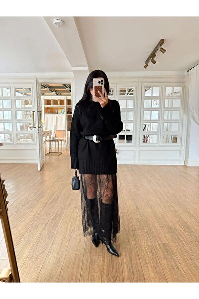 CADDELAMODA Дамска рокля от висококачествена плетена материя с дантелени детайли