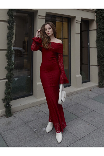 FERZOLAİO Spanish Sleeve Lace Long Burgundy Dress