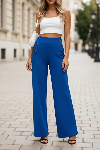 Mossta Button Detail Wide Leg Imported Crepe Trousers