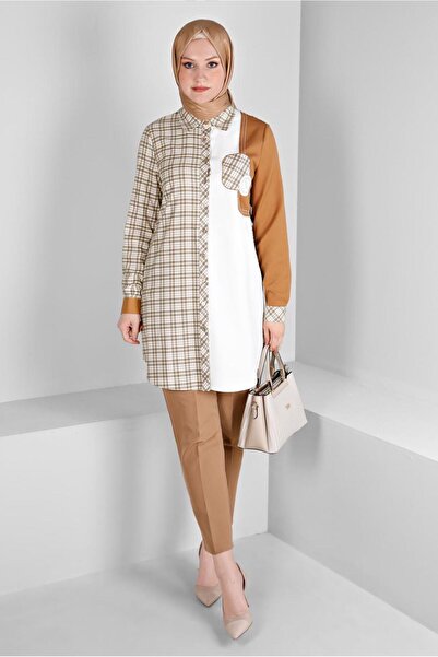 TRENDTESETTÜR KADIN TURUNCU (ORANJ) EKOSE DESENLİ TUNİK T 43396