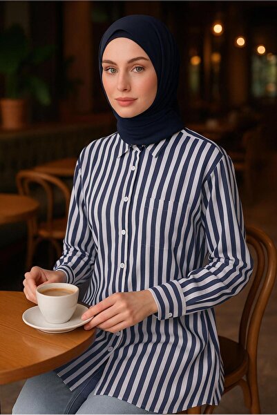 TRENDTESETTÜR KADIN LACİVERT KEMERLİ ÇİZGİLİ GÖMLEK TUNİK T 5474
