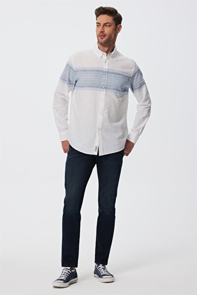 Lee Cooper قميص كارلو رجالي منسوج من القطن بنسبة 100% باللون الأبيض - الأزرق