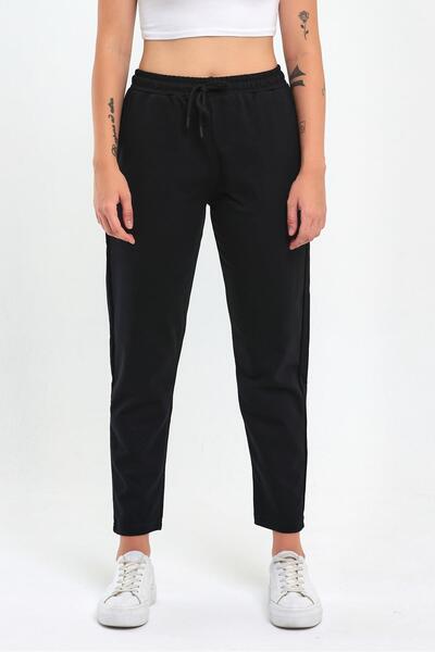 COMEOR Women's Black Side Pocket Straight Leg Pocket Label Detailed Sweatpants
