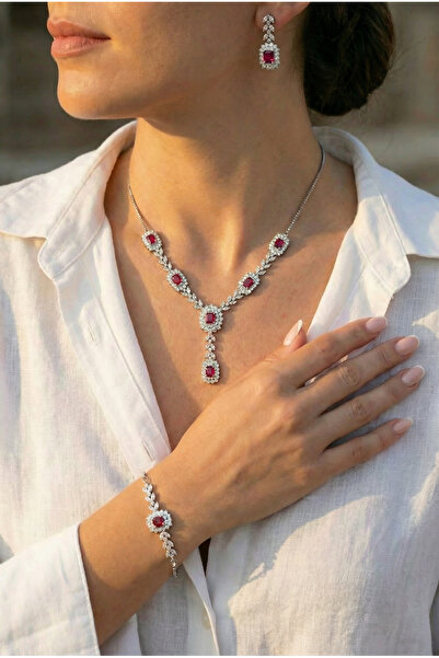 Vinces 925 Ayar Yakut Kırmızı Baget Gümüş Prenses Set - Lumina-X
