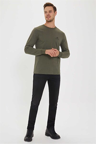 Lee Cooper سويت شيرت تريب رجالي 100% قطن بياقة دائرية، لون كاكي غامق