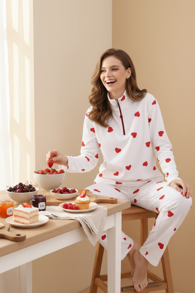 ELİTOL Zippered Waffle Knitted Long Sleeve Women's Pajama Set