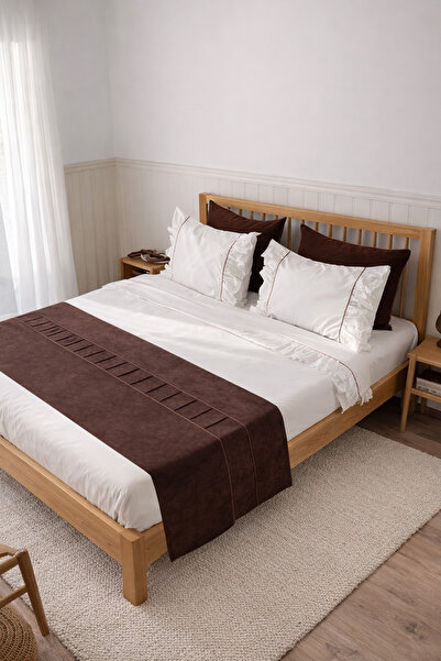 RİTMOHOME Biyeli Kahverengi Yatak Runner & Büyük Boy Yastık Kılıfı Seti Çift ...