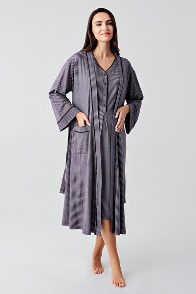 Artış Düğmeli Kısa Kollu Esnek Viskoz Hamile Gecelik Sabahlık Takım 14406