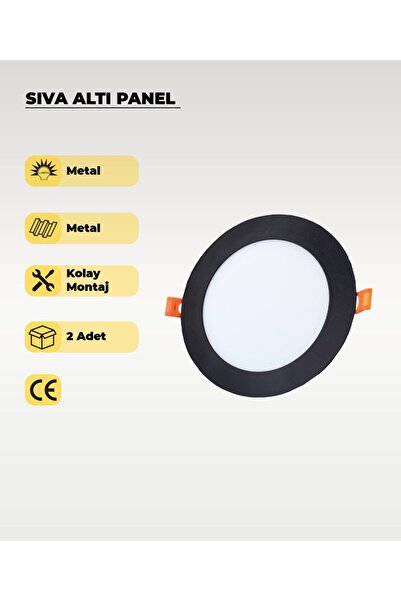 AC AYDINLATMA 9W Siyah Sıva Altı Yuvarlak Led Panel 3200K Sarı Işık 2 Adet
