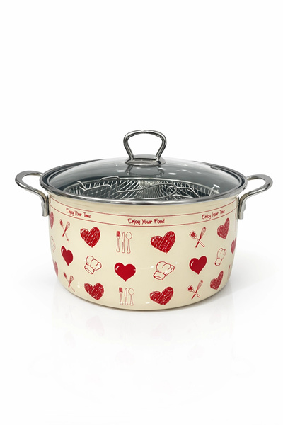 PR HOME استمتع بوعاء القلي المطلي بالمينا الأحمر مقاس 22 سم