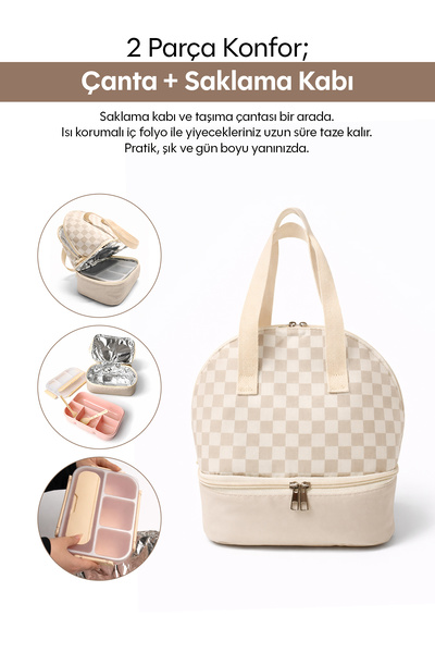 Ecrou Gingham Patterned Thermal Insulated Storage Container & Lunch Bag Set B...