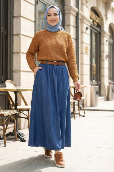 Hb Harma Time Butik Women's Dark Denim Blue Belted Skirt