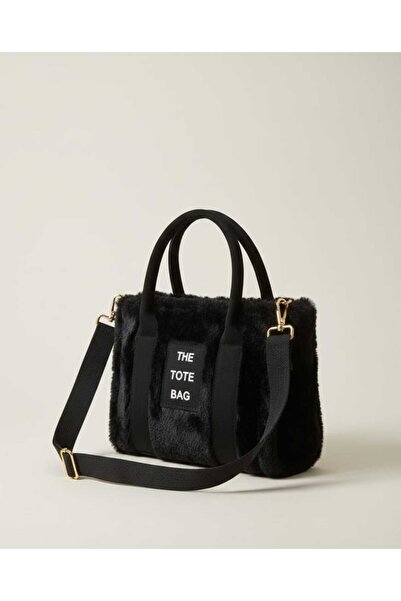 ÇANTA Kadın Siyah The Tote Bag Yazılı Kürklü Peluş