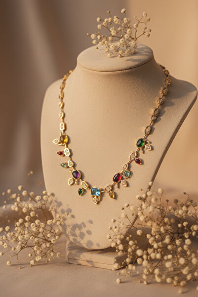 PASTELASTORE 14 Ayar Altın Kaplama Renkli Taşlı Kolye –7 Element