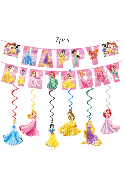 Miniso 7 قطع من لوازم حفلات أميرات ديزني، لافتة عيد ميلاد، زينة حلزونية معلقة...