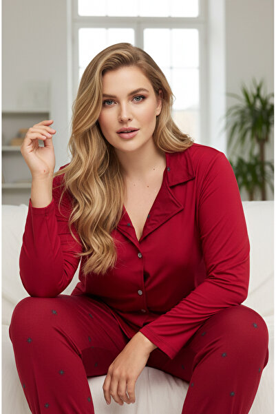 Siyah İnci bordo Desenli Büyük Beden Battal Boy Gömlek Yaka Düğmeli Milan Örm...