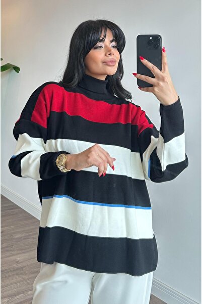 Touche Boğazlı Çizgili Triko Tunik - Siyah