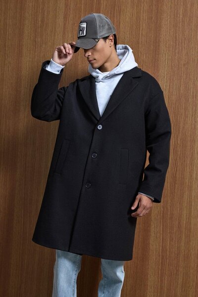 ablukaonline Erkek Oversize Düğmeli Kaşe Kaban Siyah