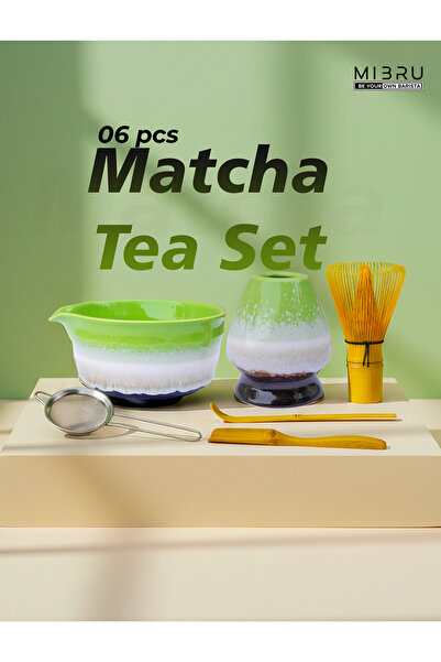 Generic طقم ماتشا سيراميك مزين بقلب أخضر مكون من 6 قطع، يشمل وعاءً، ومضربًا، ...