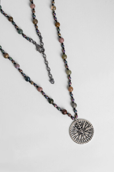 So CHIC... Akik ve Hematit Taşlı 80 Cm Gümüş Pusula Erkek Kolye