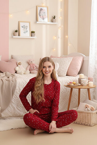 ELİTOL Waffle Knitted Long Sleeve Women's Pajama Set with Pocket Detail