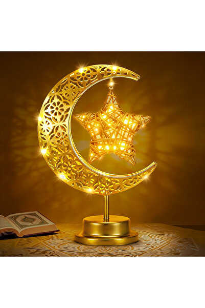 Yoawllty زينة رمضانية، مصباح طاولة على شكل قمر بإطار معدني، أضواء رمضانية، دي...