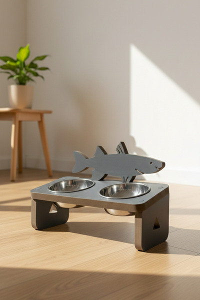 UMN DECOR Balık Model Eğimli Kedi Mama Standı - Antrasit Gri Renk İkili Çelik...