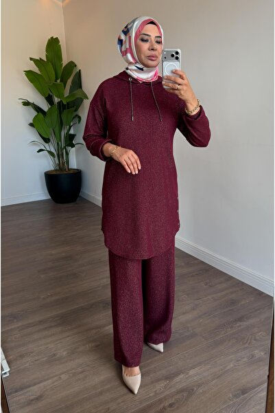 Doque Simli Kumaş Kapüşonlu Pantolonlu İkili Takım - Bordo