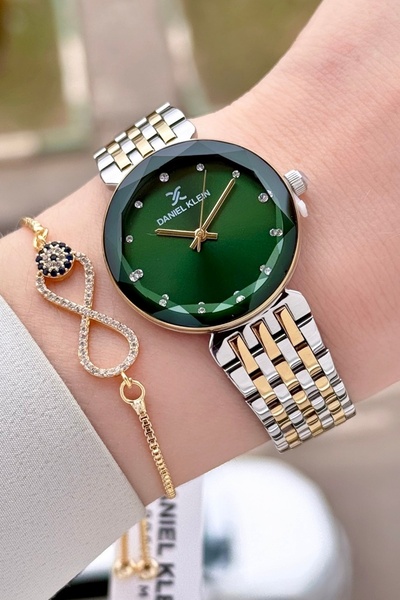 Daniel Klein ساعة يد نسائية وسوار مع قرص أخضر وحزام ذهبي وفضي اللون مقاس 30 م...