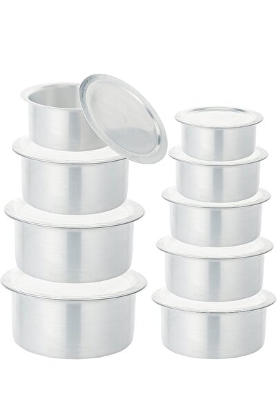 RAJ Set of 9 aluminum pots with flat, saucer-shaped lids, made in India, size...