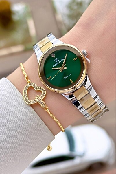 Daniel Klein Pırlantalı Kadranı Yeşil Kordonu Gold Gümüş Renk 30 mm Hediye Pa...