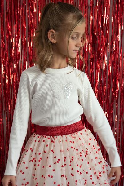 Breeze Дългоръкавна тениска за момичета с бродерия с пеперуди, с мъниста, въз...