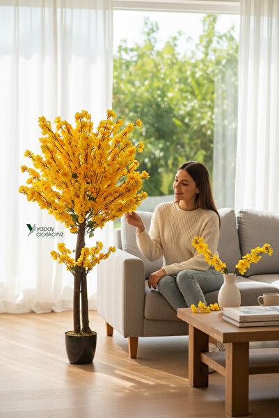 YAPAY ÇİÇEKÇİNİZ 120 Cm Sarı Bahardalı Ağacı