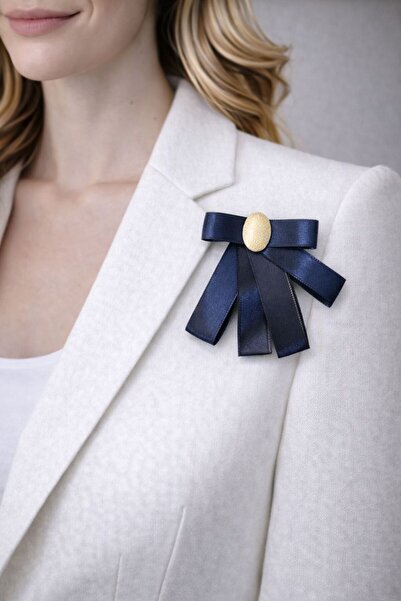 Gönülden Tasarım İnci Boncuklu Taşlı Mavi Fiyonk Broş Yaka İğnesi 9x8 Cm