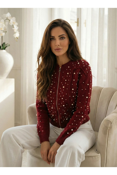 UniqueStore.ro Cardigan elegant bordo cu fermoar și aplicații de perle