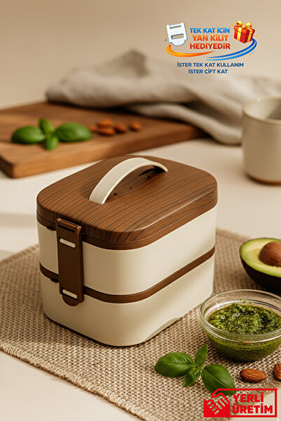 GUGGA Tier - 2 Katlı Çelik Hazneli Ahşap Görünümlü Sızdırmaz Kapaklı Lunchbox...
