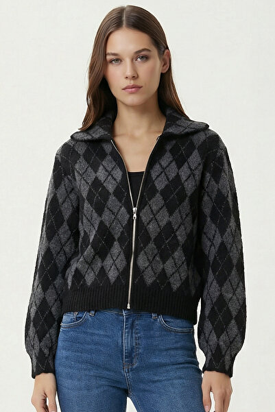 Lovelyİstanbul Baklava Patterned Zippered Knitwear Cardigan Lpn0014 Black Ant...