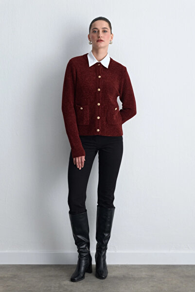 Gusto Velvet Textured Knitwear Jacket - Burgundy