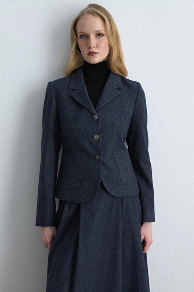 Gusto Waist-Fitted Woolen Jacket - Navy Blue