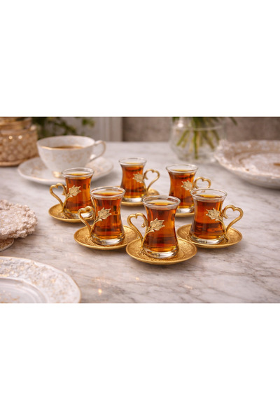 Generic طقم شاي تركي فاخر لستة أشخاص - أكواب زجاجية مع حوامل وصحون ذهبية - صن...