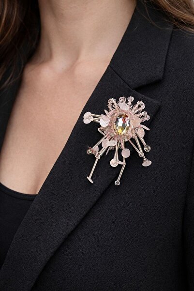 Gönülden Tasarım Taş Boncuk İşleme Pembe Broş Yaka İğnesi 7X4 Cm