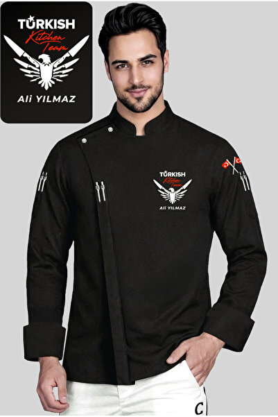 Üniformanya İsim Hediyeli Turkish Kitchen Team Kolda Bayrak Nakışlı Aşçı Ceke...