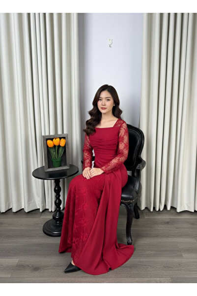 Lauren Elegant maroon evening dress with lace sleeves – crepe fabric by Lauren
